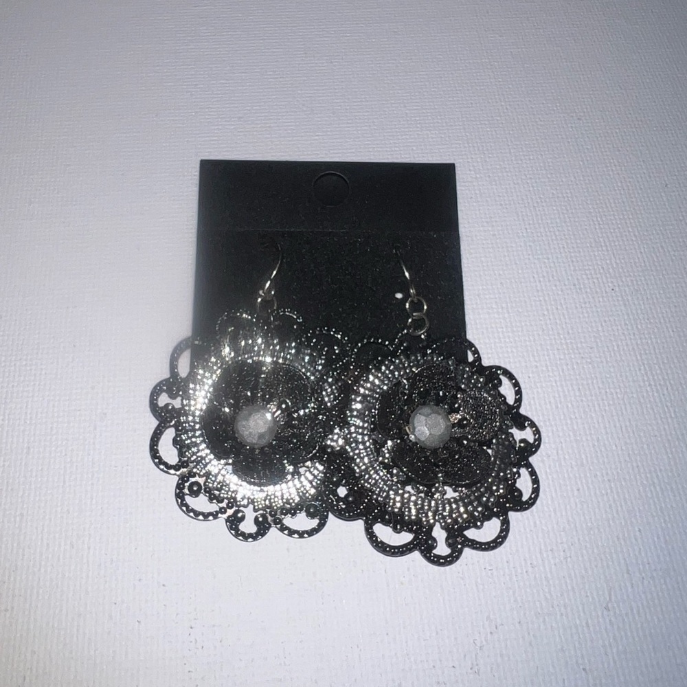 Ornate Filigree‎ Flower Dangle Earrings Round Rhinestone Boho Statement